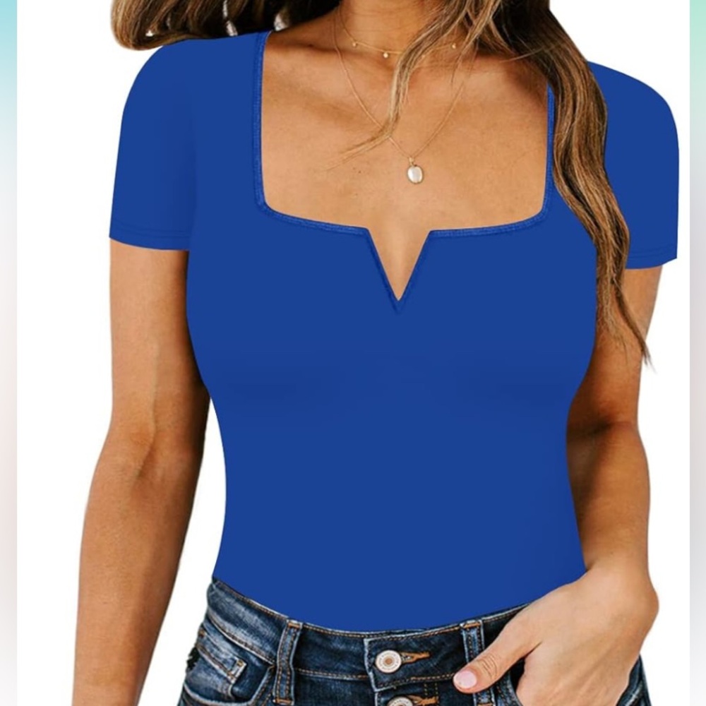 NWOT. Women's Blue Square Neck Bodysuit